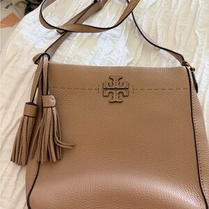 Tory Burch Tan Pebbled Leather Crossbody Bag with Tassel